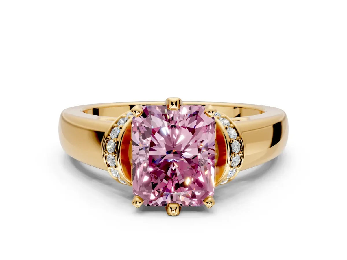 Solitaire Engagement Ring Setting for Fancy Pink Radiant Cut Center with Wide Band, Pave Collar and Prong Head in Yellow Gold