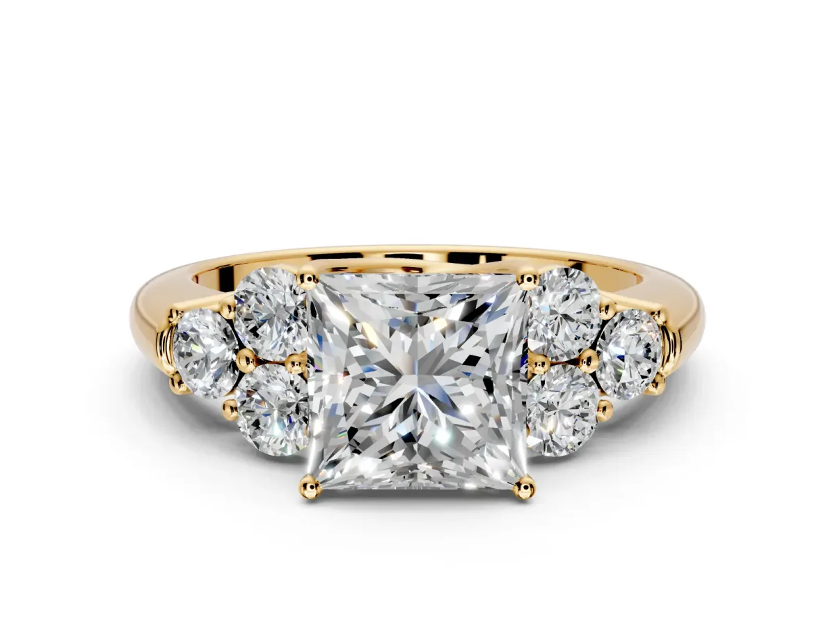 Cluster Engagement Ring Setting for Princess Cut Center with Round Cut Accent Frame and Prong Head in Yellow Gold
