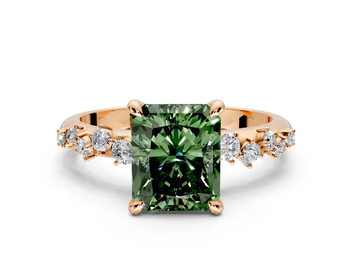 Solitaire Engagement Ring Setting for Fancy Green Radiant Cut Center with Trailing Leaf Accent Band and Prong Head in Rose Gold
