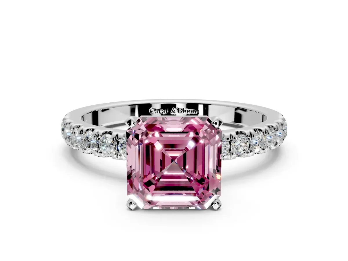 Open Basket Engagement Ring Setting for Fancy Pink Asscher Cut Center with Pave Band and Prong Head in Platinum