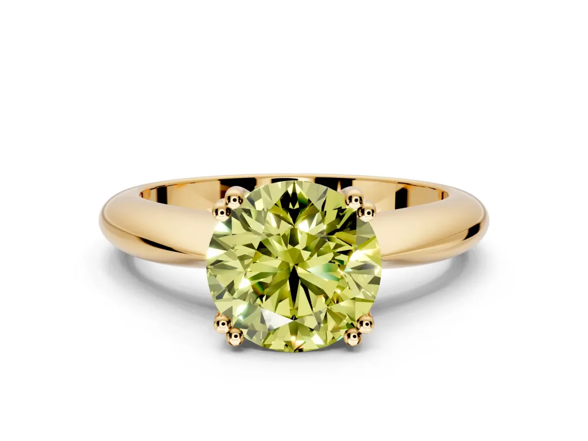 Solitaire Engagement Ring Setting for Fancy Yellow Round Cut Center with Reverse Tapered Band and Prong Head in Yellow Gold