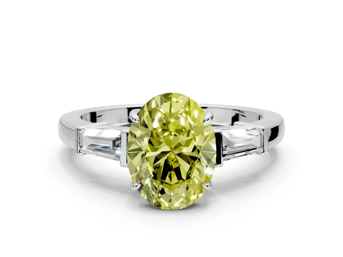 3 Stone Engagement Ring Setting for Fancy Yellow Oval Center with Baguette Accents and Prong Head in Platinum