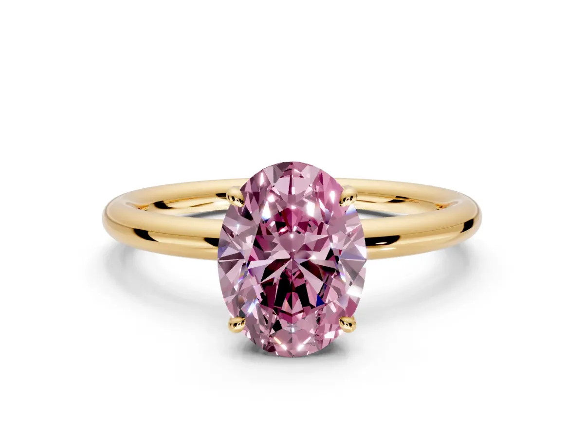 Hidden Halo Engagement Ring Setting for Fancy Pink Oval Center with Thin Rounded Band and Prong Head in Yellow Gold