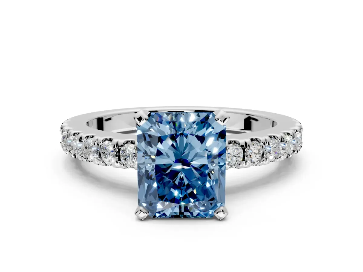 Solitaire Engagement Ring Setting for Fancy Blue Radiant Cut Center with Single Row Accent Band and Prong Head in Sterling Silver