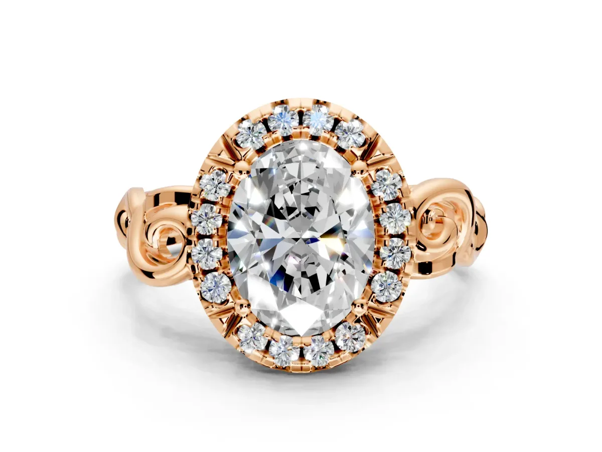 Halo Engagement Ring Setting for Oval Center with Open Scroll Shoulders and Prong Head in Rose Gold
