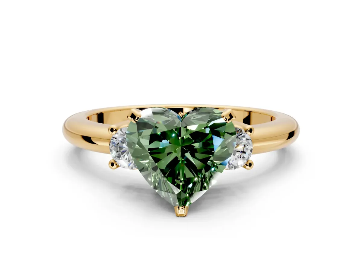 3 Stone Engagement Ring Setting for Fancy Green Heart-Shaped Center with Wide Plain Band and Prong Head in Yellow Gold