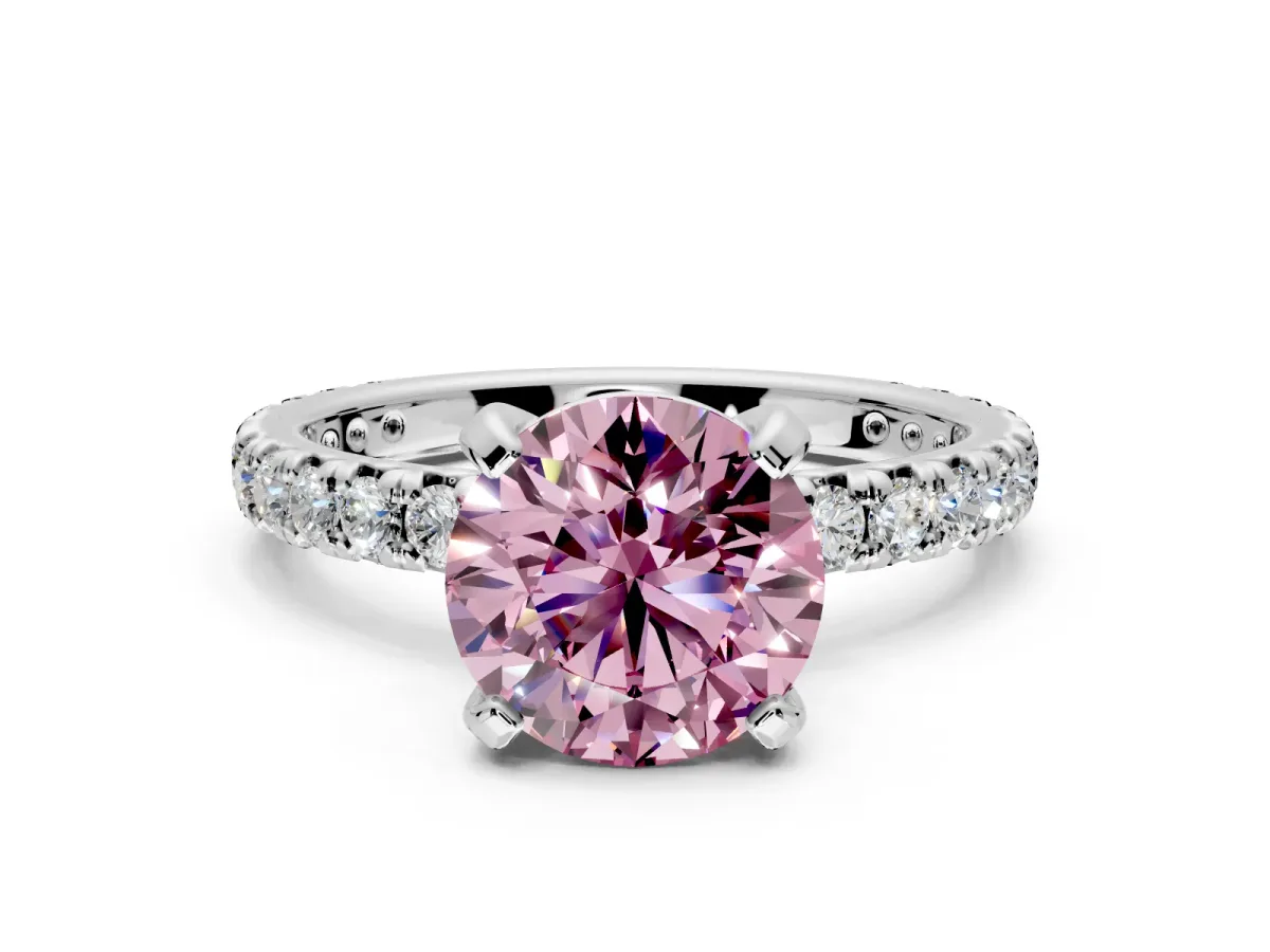 Solitaire Engagement Ring Setting for Fancy Pink Round Cut Center with Shared-Prong Accents and Prong Head in Sterling Silver