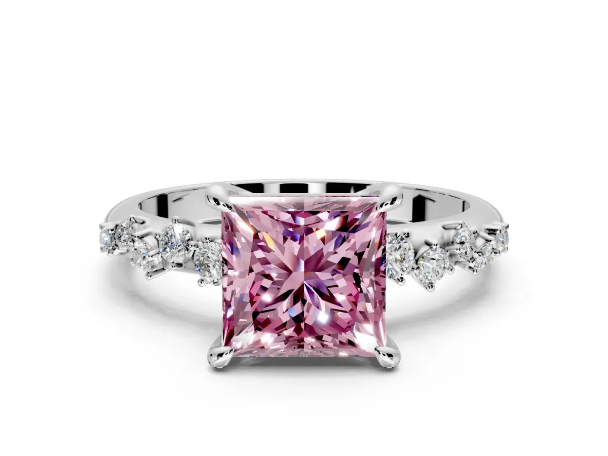Solitaire Engagement Ring Setting for Fancy Pink Princess Cut Center with Trailing Leaf Accent Band and Prong Head in Sterling Silver