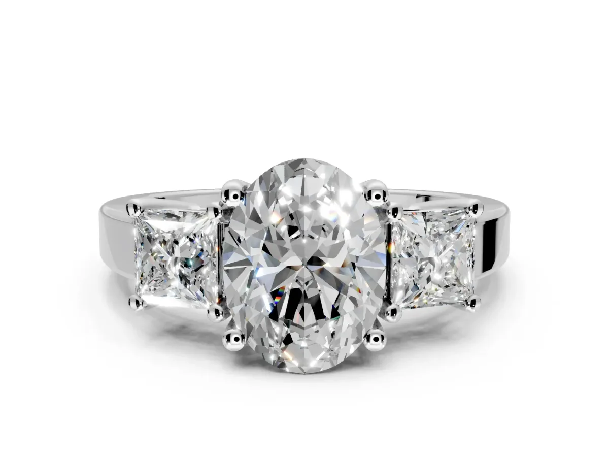 3 Stone Engagement Ring Setting for Oval Center with Matching Side Accents and Prong Head in Platinum