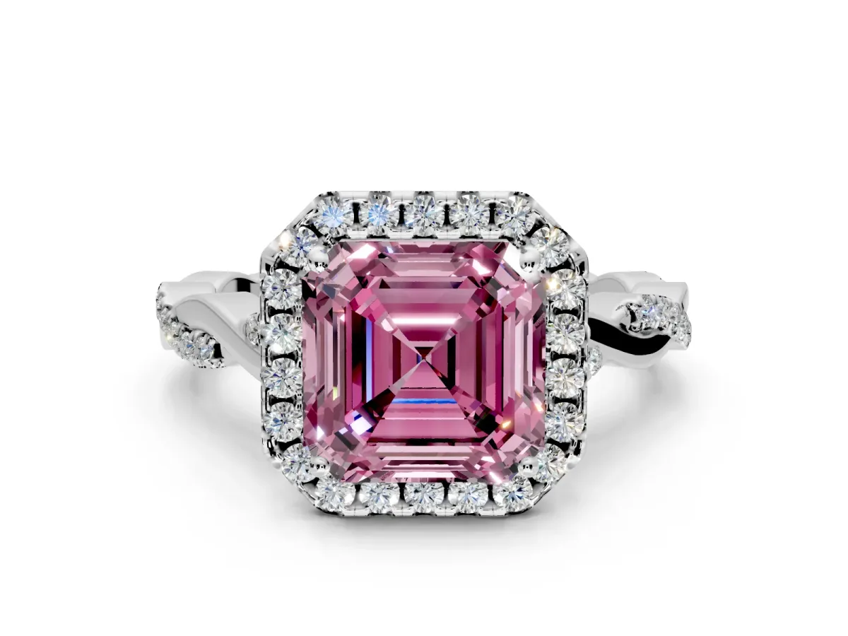 Halo Engagement Ring Setting for Fancy Pink Asscher Cut Center with Twist Band and Prong Head in Platinum