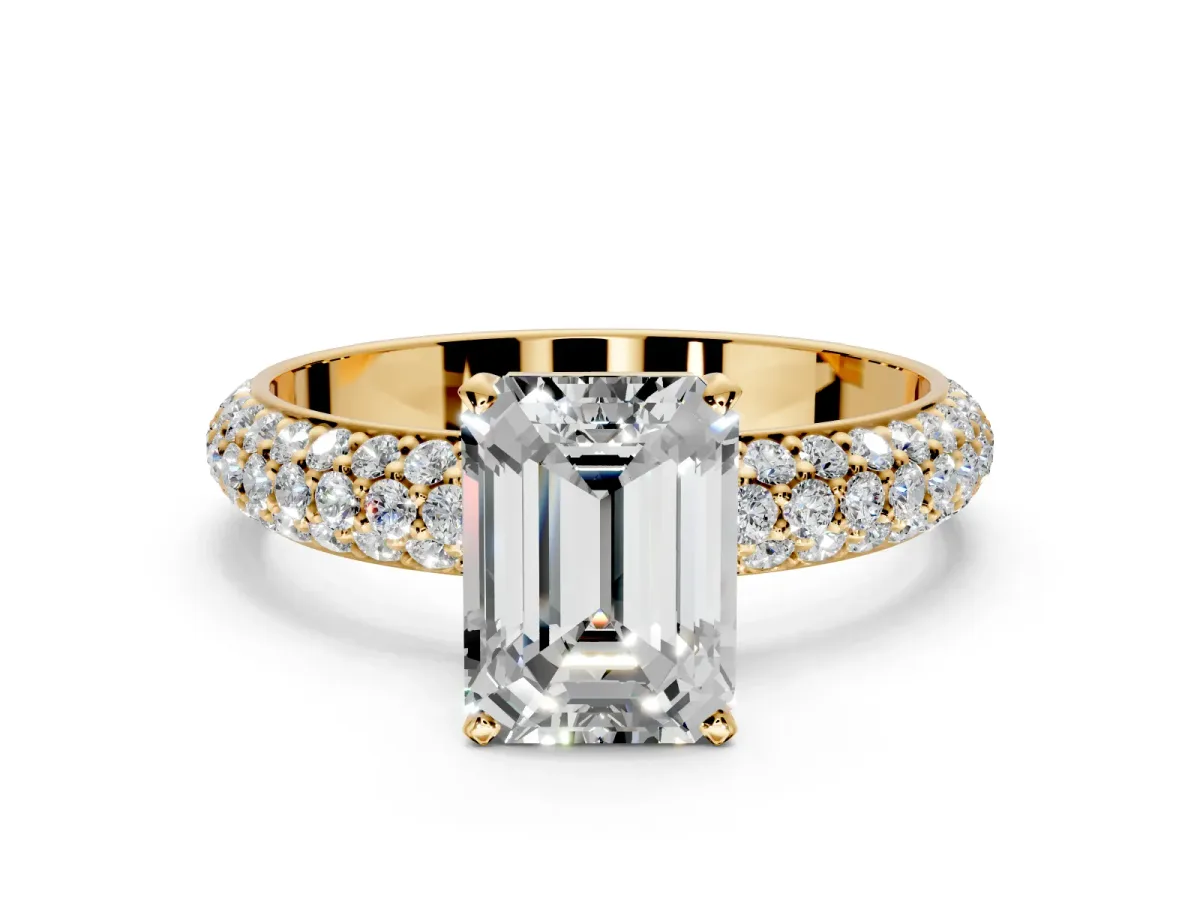 Solitaire Engagement Ring Setting for Emerald Cut Center with Domed Multi-Row Pave Band and Prong Head in Yellow Gold