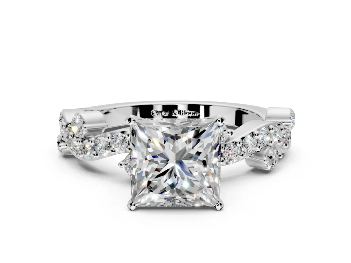 Solitaire Engagement Ring Setting for Princess Cut Center with Bar-Station Pave Twist and Prong Head in Sterling Silver
