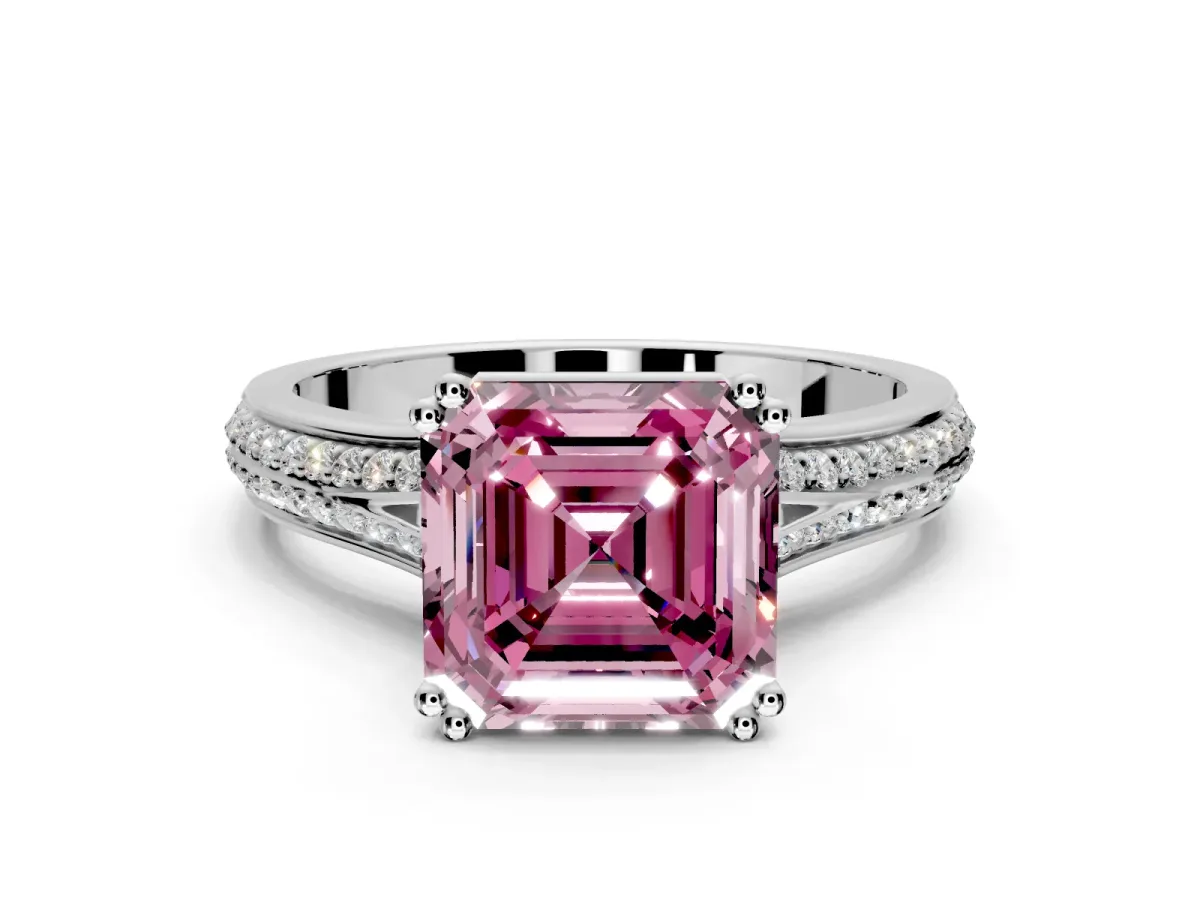 Solitaire Engagement Ring Setting for Fancy Pink Asscher Cut Center with Pave Rail Split Shank and Prong Head in Platinum