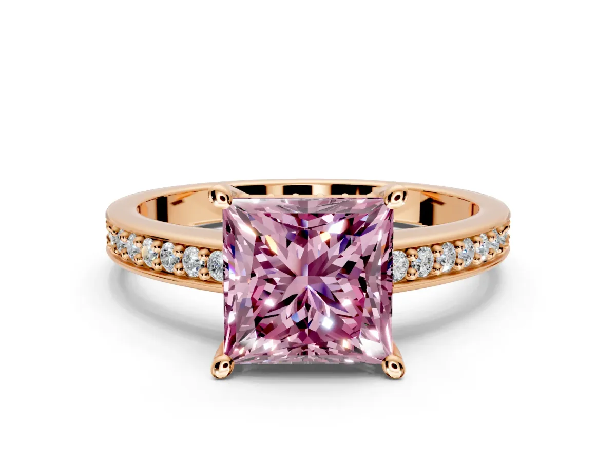 Solitaire Engagement Ring Setting for Fancy Pink Princess Cut Center with Channel-Set Accent Band and Prong Head in Rose Gold