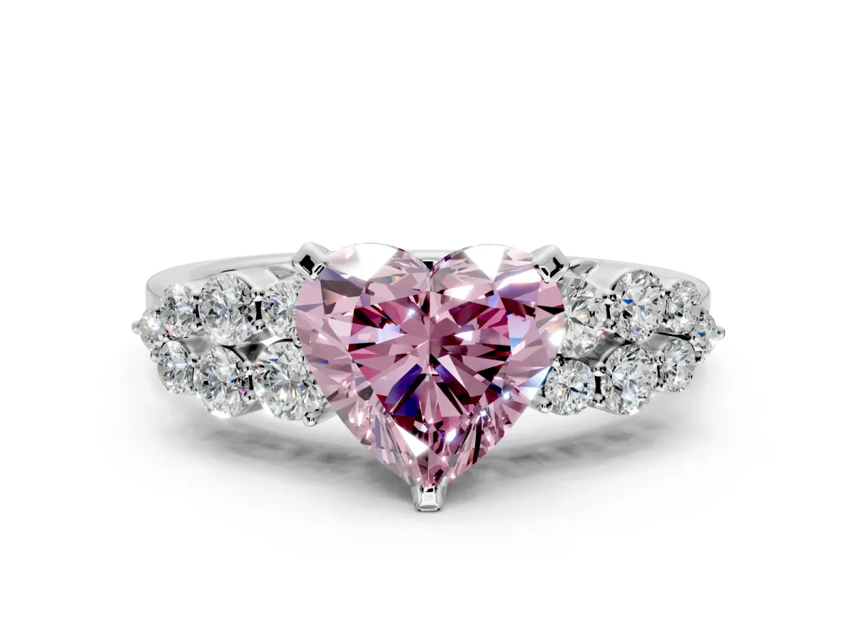 Cluster Engagement Ring Setting for Fancy Pink Heart-Shaped Center with 2-Row Shoulder Clusters and Prong Head in Sterling Silver
