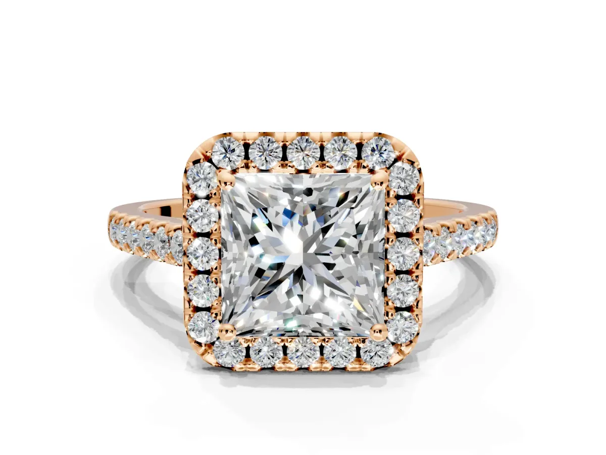 Halo Engagement Ring Setting for Princess Cut Center with Raised Halo, Pave Band and Prong Head in Rose Gold