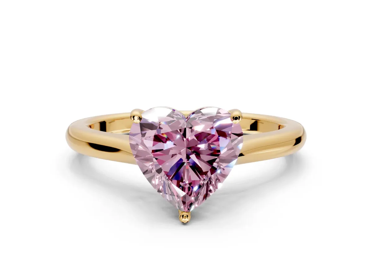 Solitaire Engagement Ring Setting for Fancy Pink Heart-Shaped Center with Narrow Cathedral Band and Prong Head in Yellow Gold