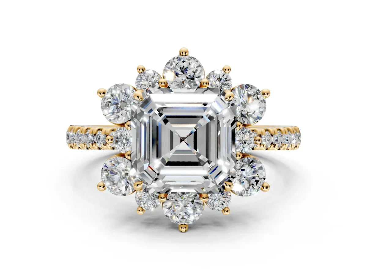 Floral Halo Engagement Ring Setting for Asscher Cut Center with Pave Accents and Prong Head in Yellow Gold