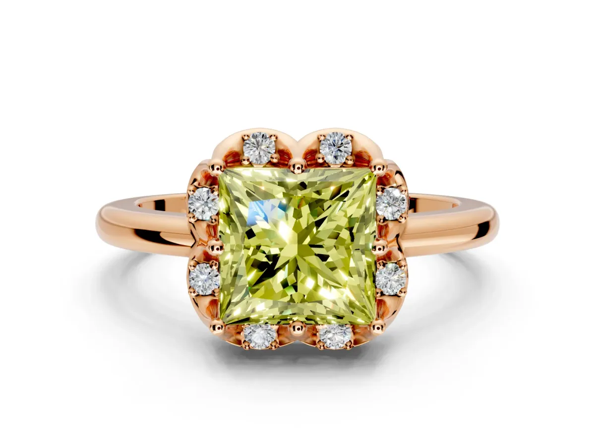 Floral Frame Engagement Ring Setting for Fancy Yellow Princess Cut Center with Accent Clusters and Prong Head in Rose Gold