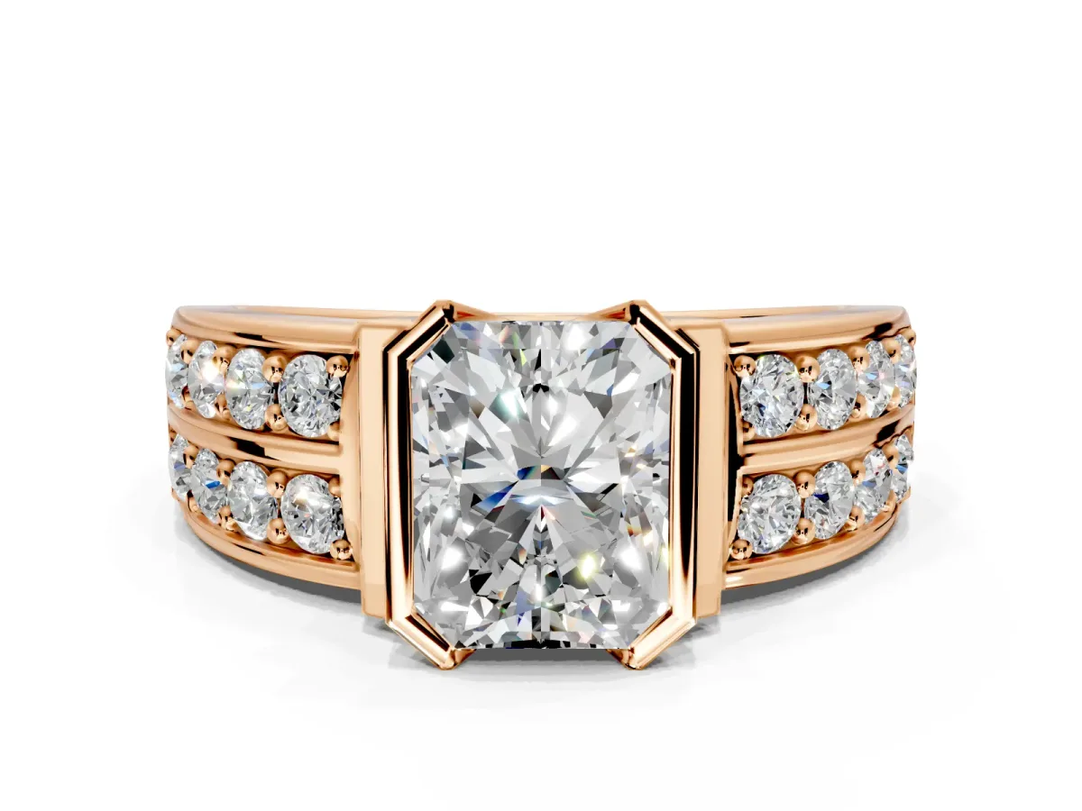 Bezel Engagement Ring Setting for Radiant Cut Center with Wide Channel-Set Band and Bezel Head in Rose Gold