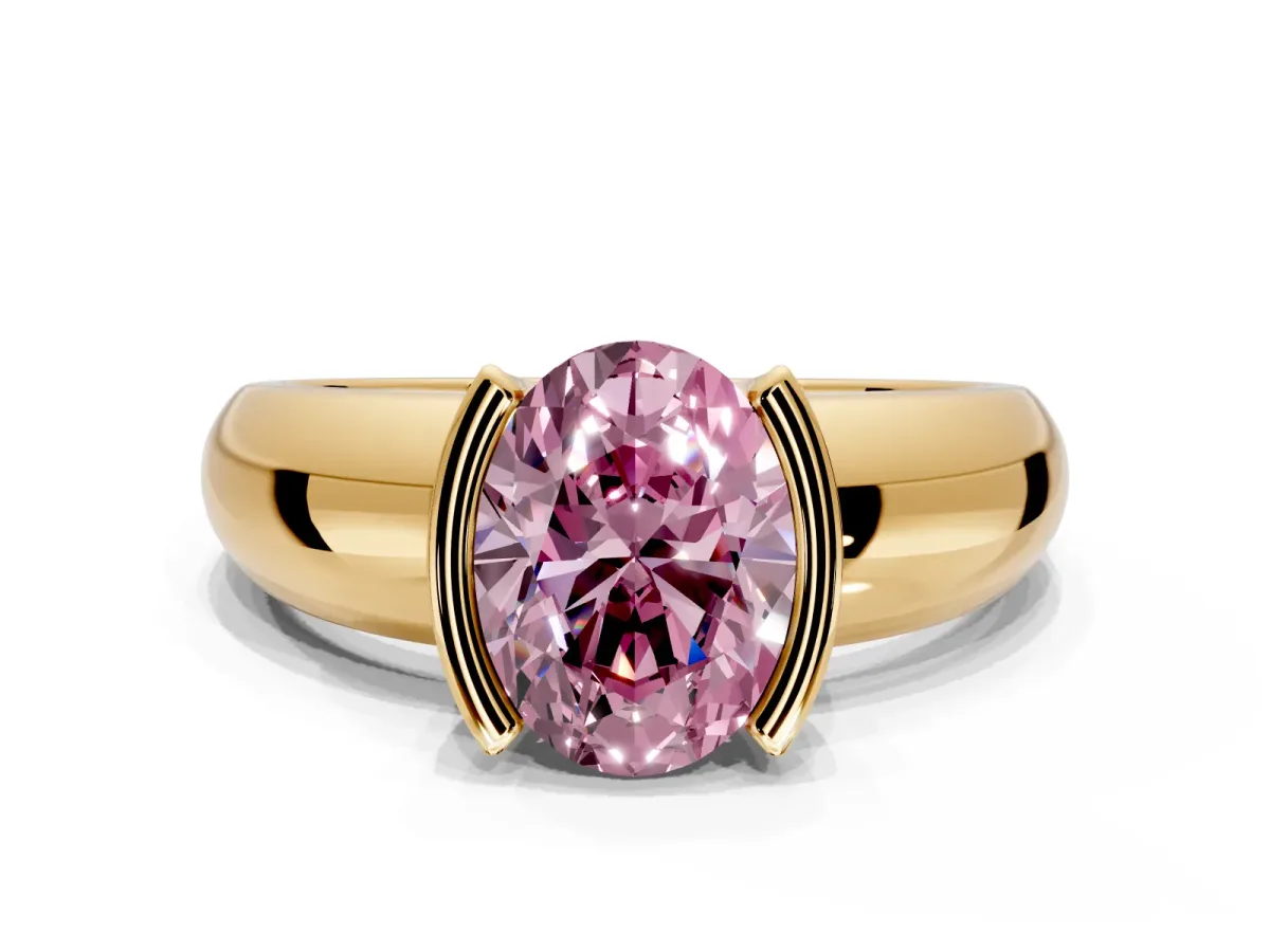 Tension Engagement Ring Setting for Fancy Pink Oval Center with Wide Flat Band and Tension Head in Yellow Gold