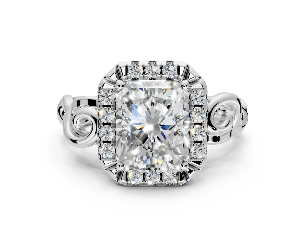 Halo Engagement Ring Setting for Radiant Cut Center with Open Scroll Shoulders and Prong Head in Platinum