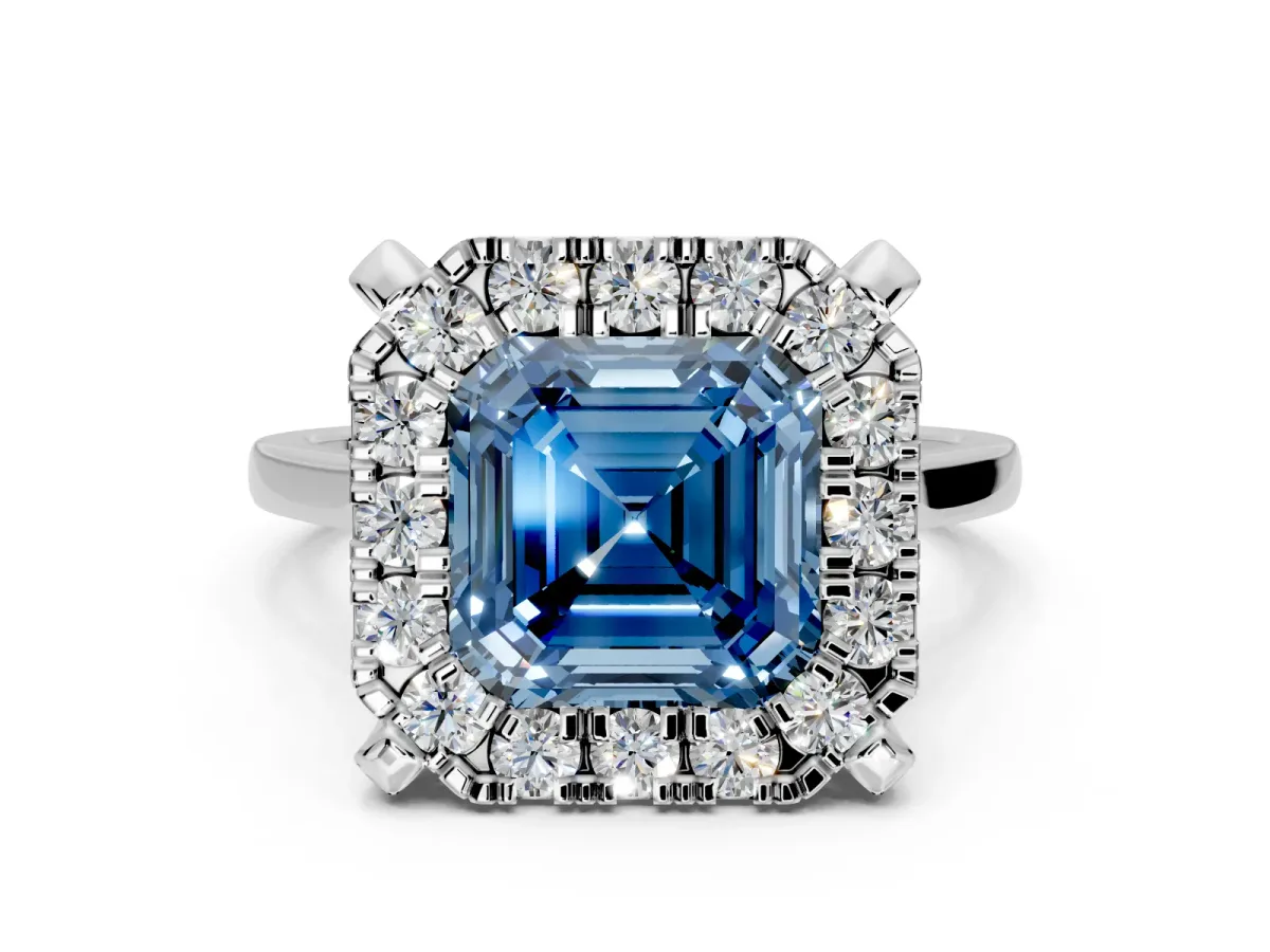 Single Halo Engagement Ring Setting for Fancy Blue Asscher Cut Center with Corner Claws, Plain Band and Prong Head in Platinum