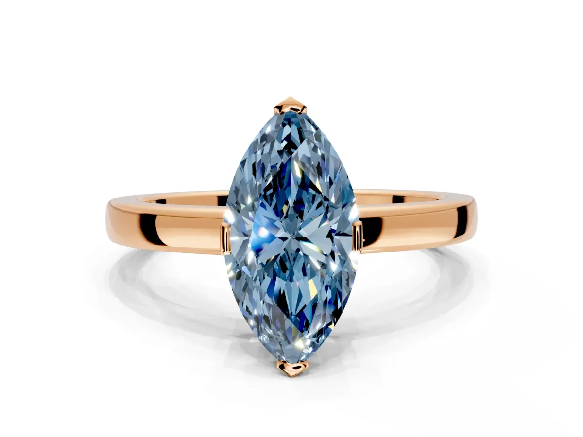 Solitaire Engagement Ring Setting for Fancy Blue Marquise Center with Plain Band and Flat Tab Prong Head in Rose Gold