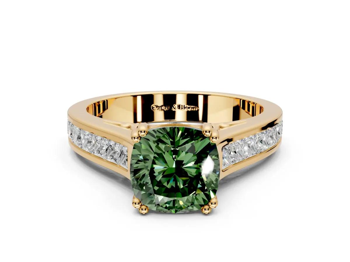 Solitaire Engagement Ring Setting for Fancy Green Cushion Cut Center with Channel Band and Double Claw Prong Head in Yellow Gold