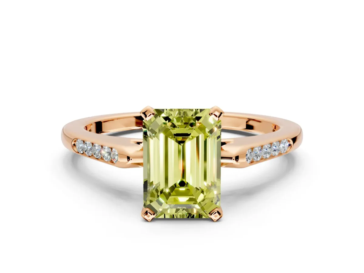 Solitaire Engagement Ring Setting for Fancy Yellow Emerald Cut Center with Channel Accents and Prong Head in Rose Gold