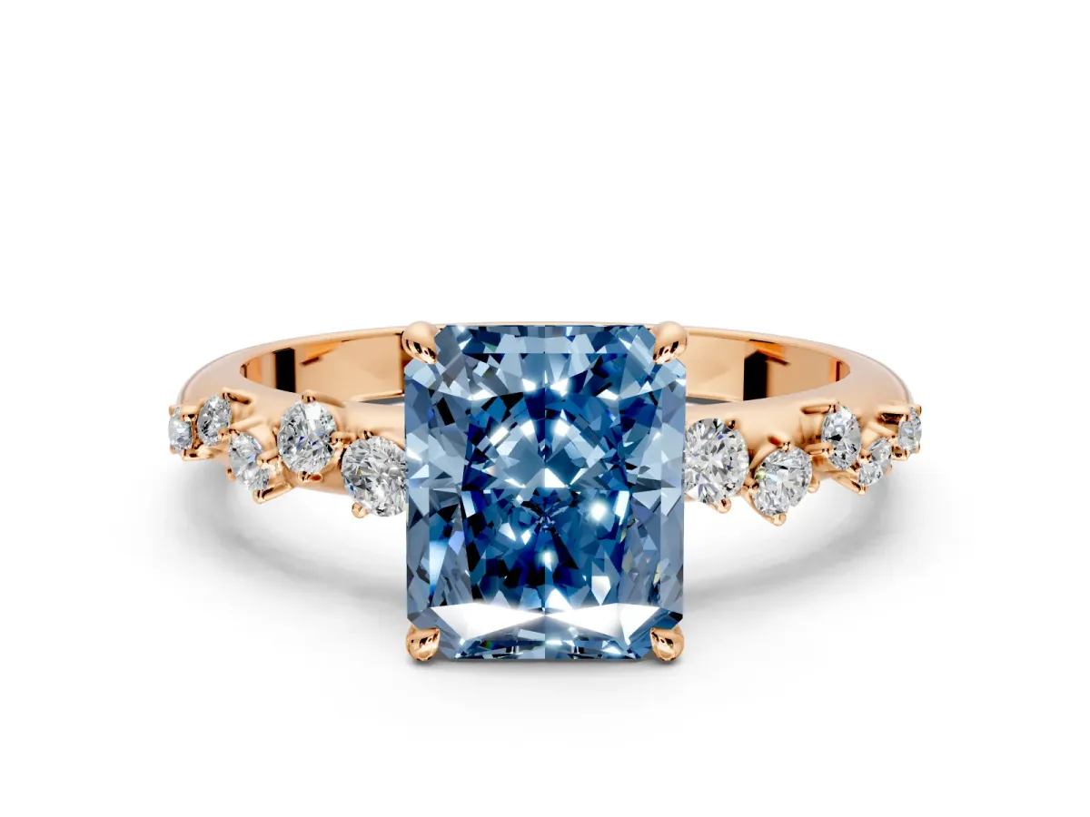 Cluster Engagement Ring Setting for Fancy Blue Radiant Cut Center with Round Cut Accent Band and Prong Head in Rose Gold