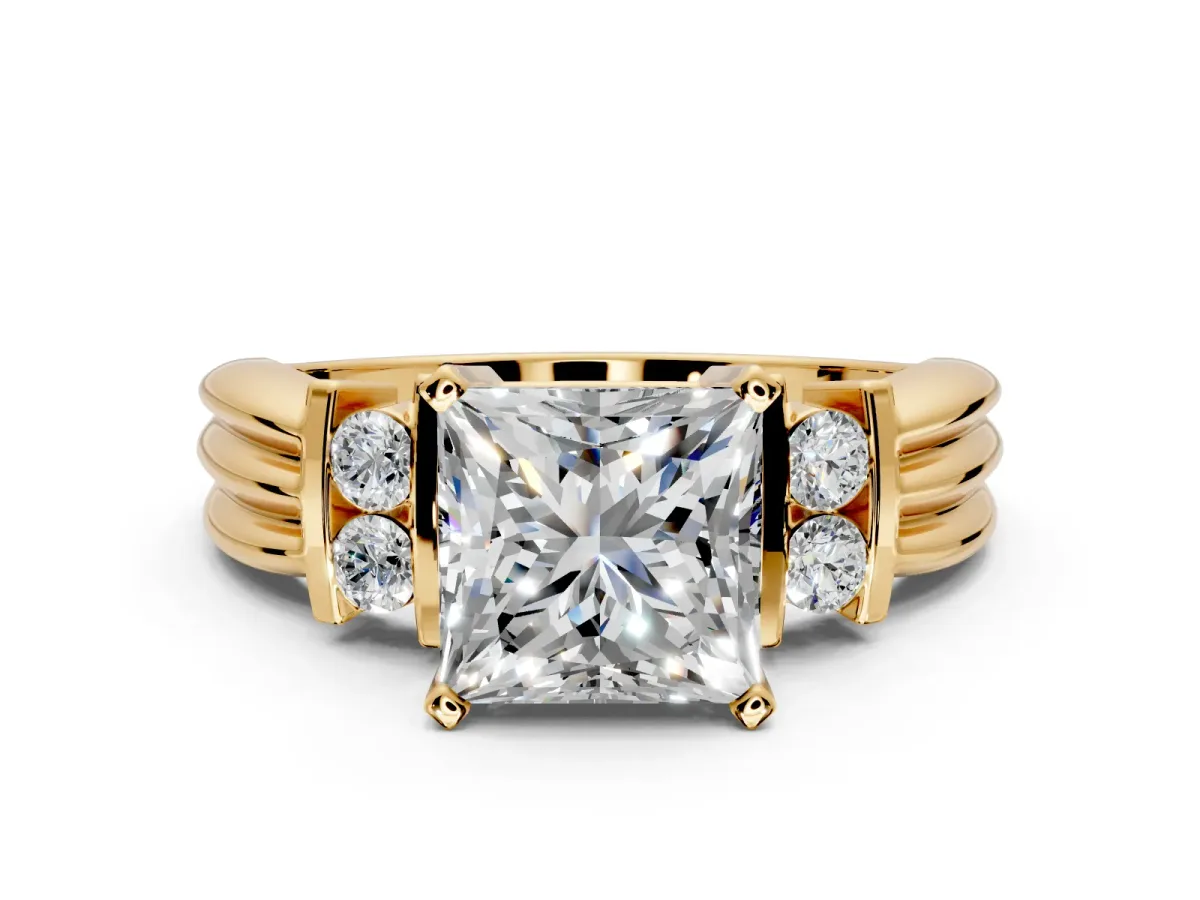Solitaire Engagement Ring Setting for Princess Cut Center with Grooved Bar Accent Band and Prong Head in Yellow Gold
