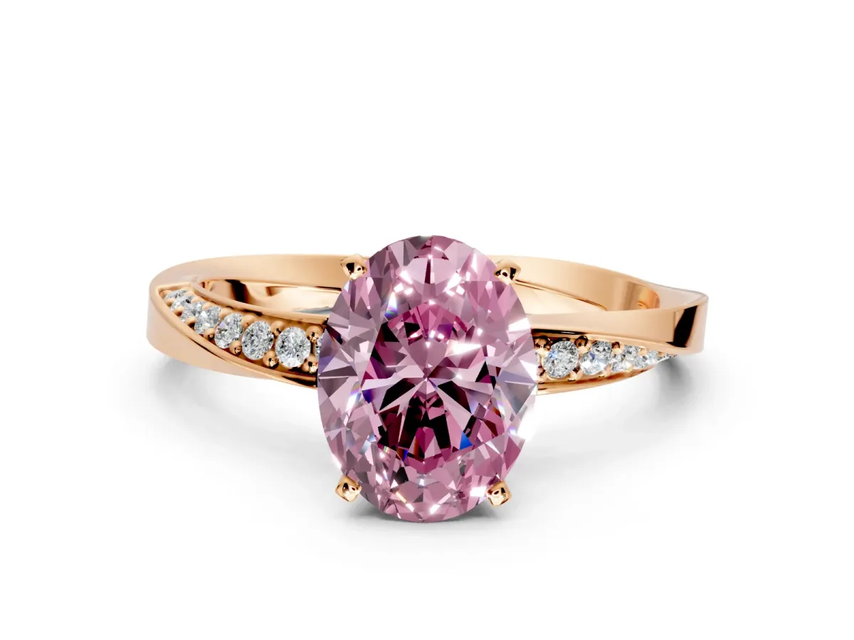 Side Accent Engagement Ring Setting for Fancy Pink Oval Center with Accent Shoulders and Prong Head in Rose Gold