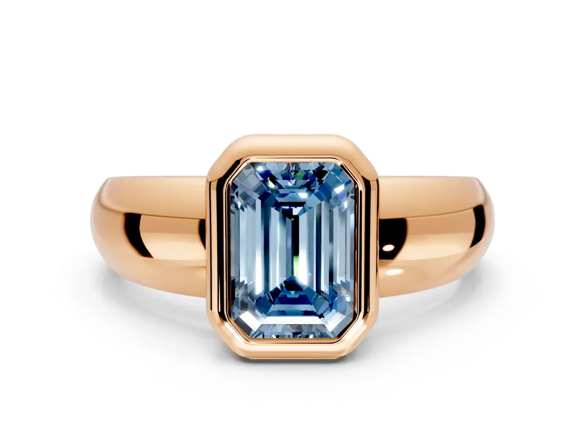 Solitaire Engagement Ring Setting for Fancy Blue Emerald Cut Center with Wide Band and Bezel Head in Rose Gold