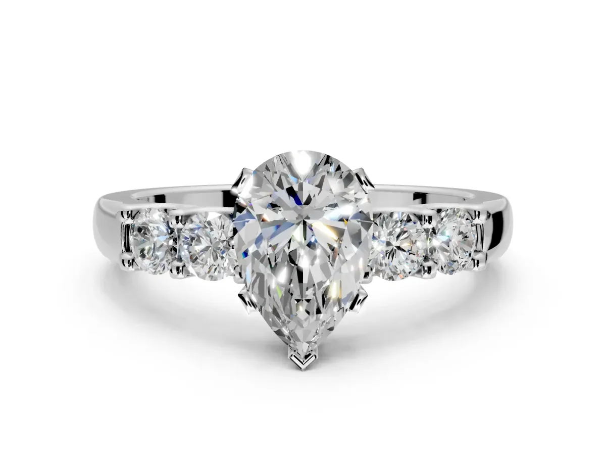 5 Stone Engagement Ring Setting for Pear-Shaped Center with Plain Band and Prong Head in Platinum