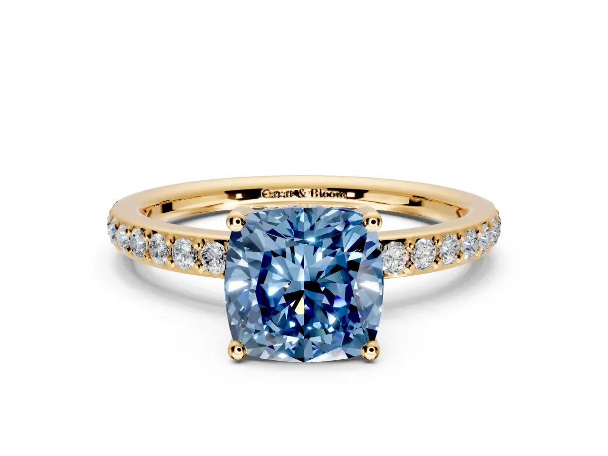 Solitaire Engagement Ring Setting for Fancy Blue Cushion Cut Center with Fine Pave Band and Prong Head in Yellow Gold