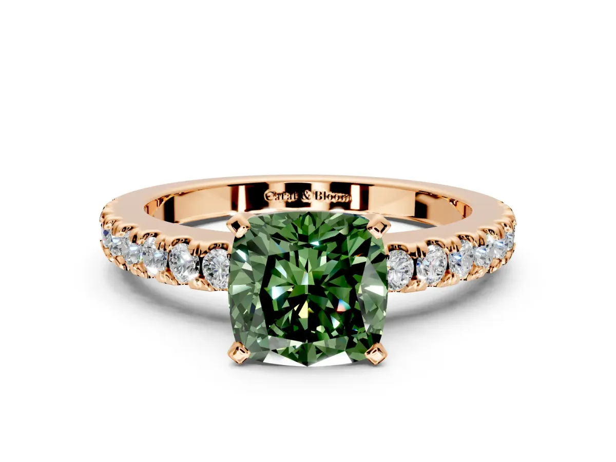 Solitaire Engagement Ring Setting for Fancy Green Cushion Cut Center with Single Row Accent Band and Prong Head in Rose Gold