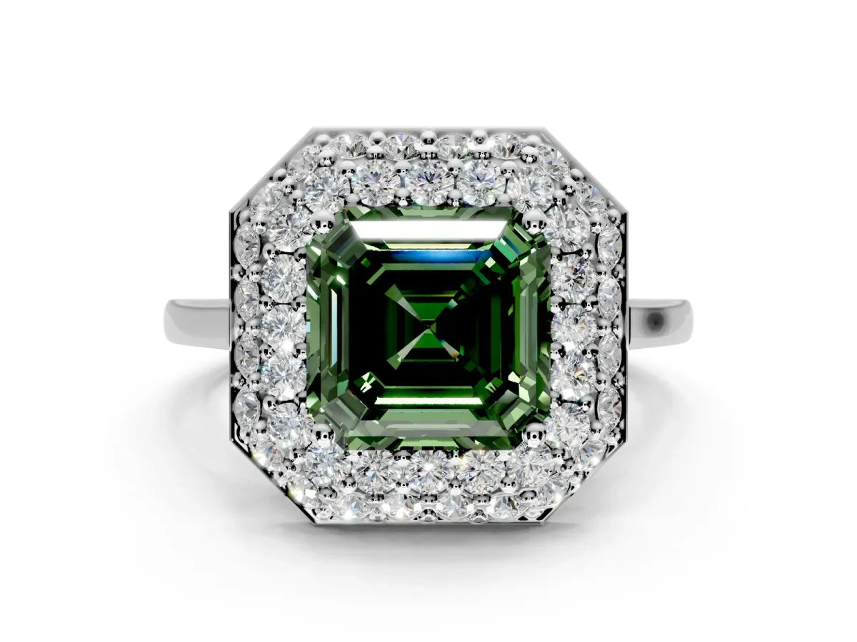Halo Engagement Ring Setting for Fancy Green Asscher Cut Center with Plain Tapered Band and Prong Head in Sterling Silver