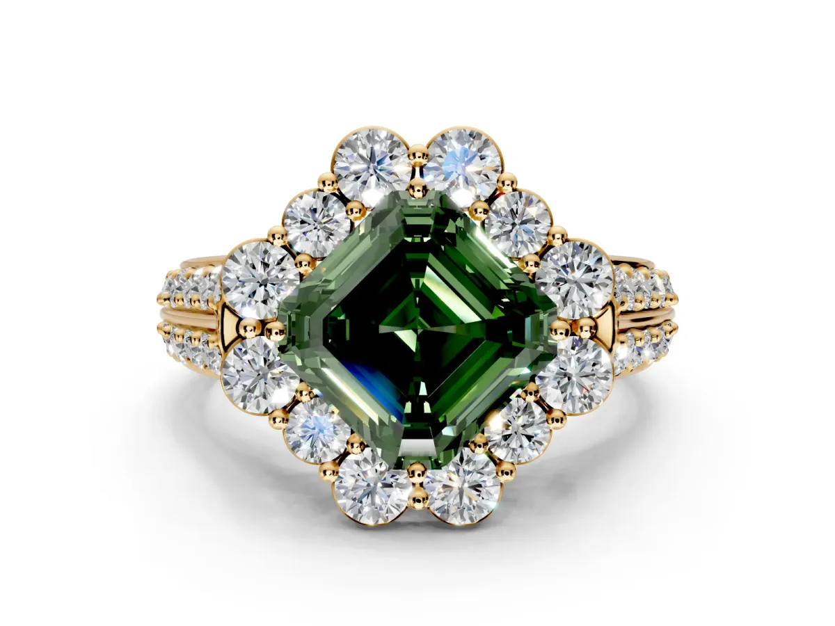 Large Accent Halo Engagement Ring Setting for Fancy Green Asscher Cut Center with Pave Split Shank and Prong Head in Yellow Gold