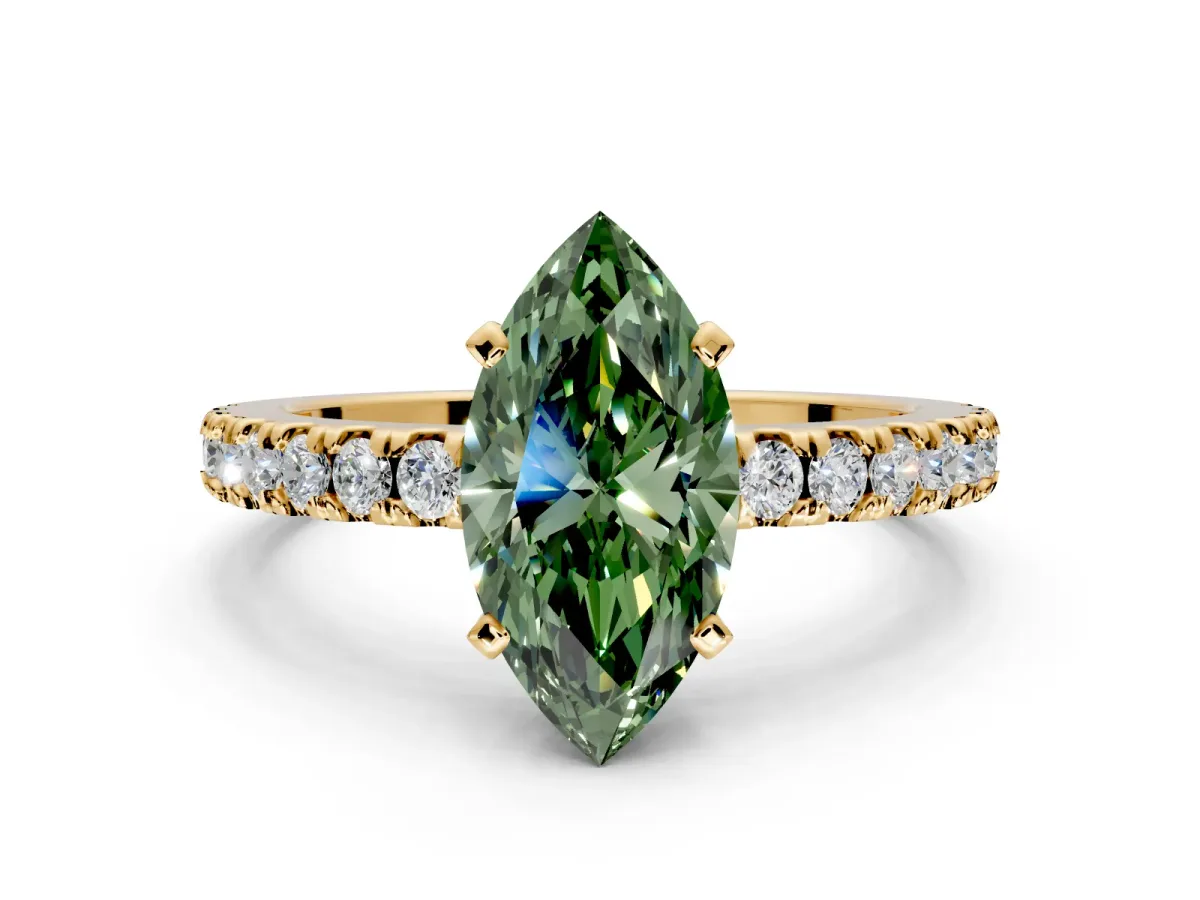 Solitaire Engagement Ring Setting for Fancy Green Marquise Center with Single Row Accent Band and Prong Head in Yellow Gold