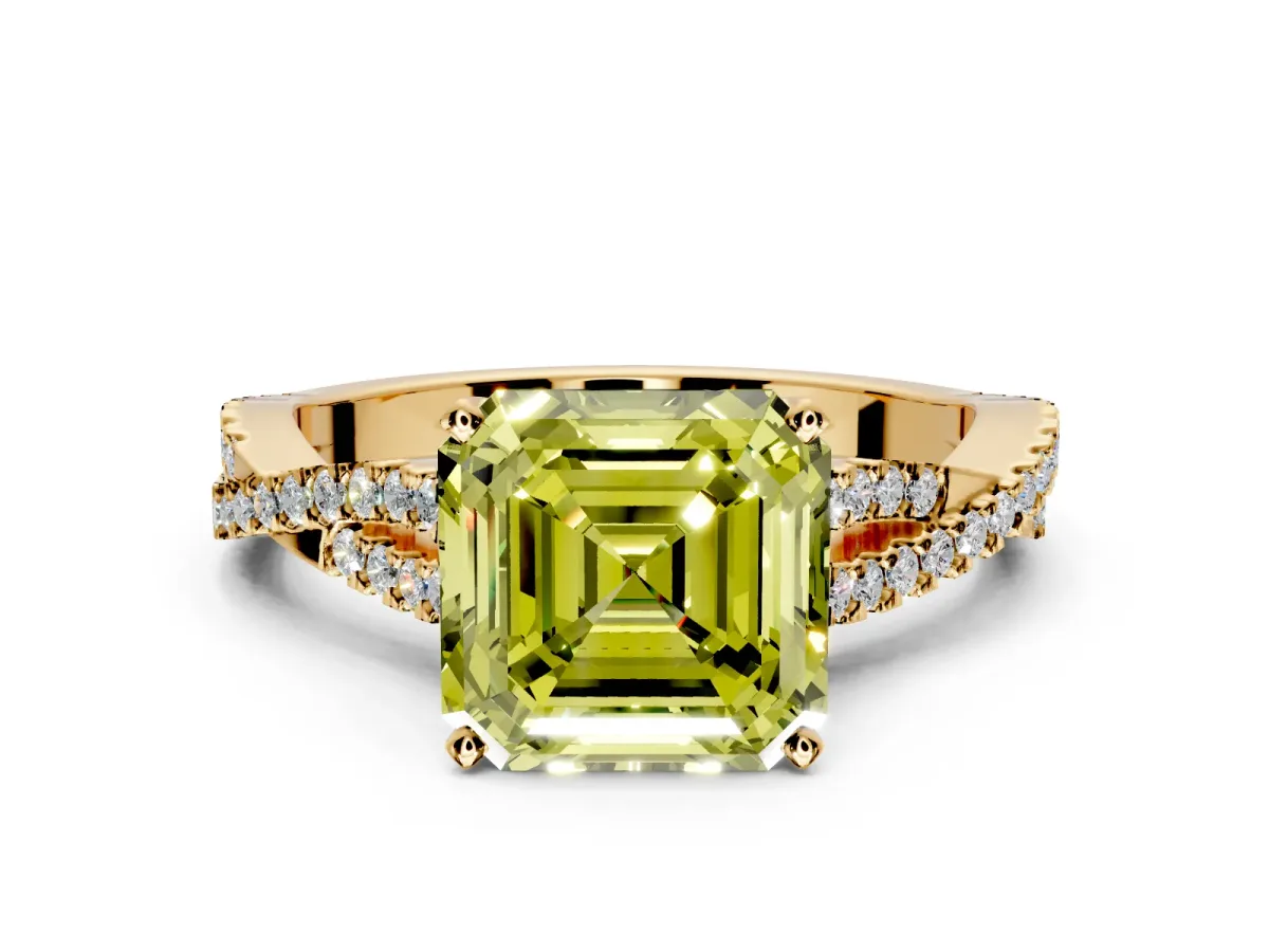 Solitaire Engagement Ring Setting for Fancy Yellow Asscher Cut Center with Twisted Pave Split Shank and Prong Head in Yellow Gold