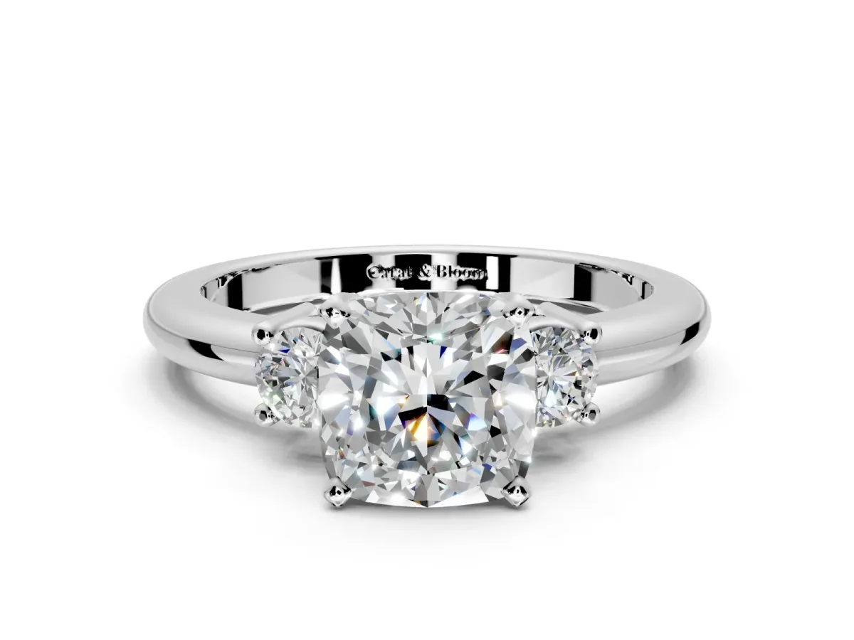 3 Stone Engagement Ring Setting for Cushion Cut Center with Wide Plain Band and Prong Head in White Gold