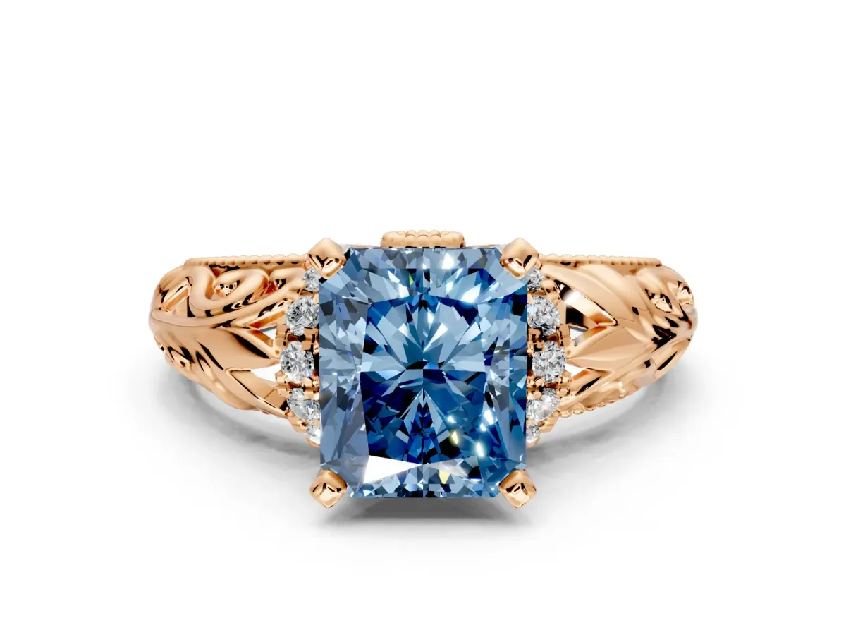 Solitaire Engagement Ring Setting for Fancy Blue Radiant Cut Center with Filigree Accent Basket and Prong Head in Rose Gold