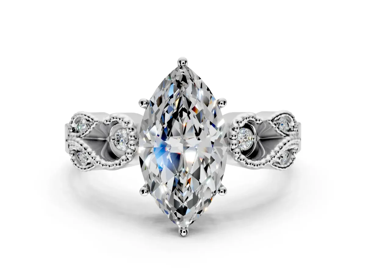 Leaf Engagement Ring Setting for Marquise Center with Milgrain Accent Band and Prong Head in Platinum