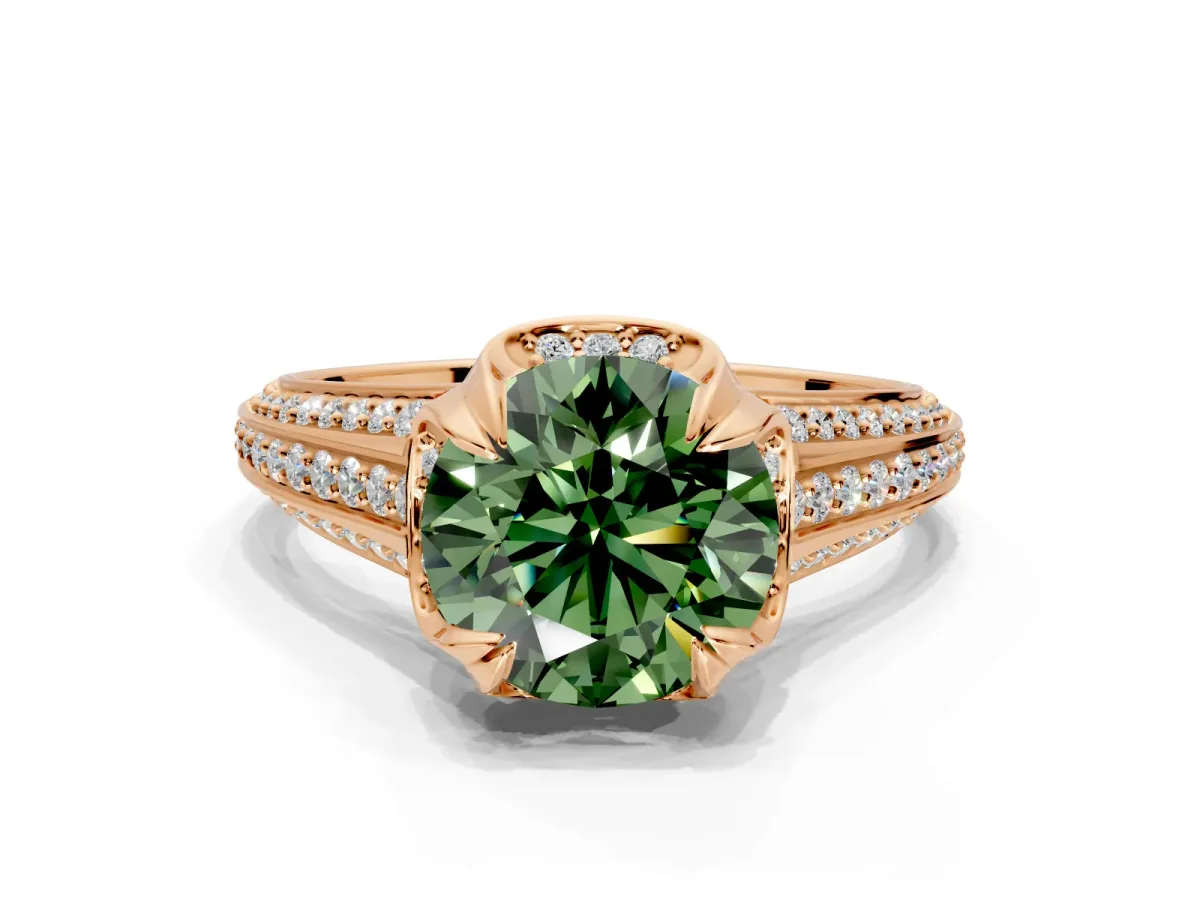 Solitaire Engagement Ring Setting for Fancy Green Round Cut Center with Accented Split Shank and Prong Head in Rose Gold