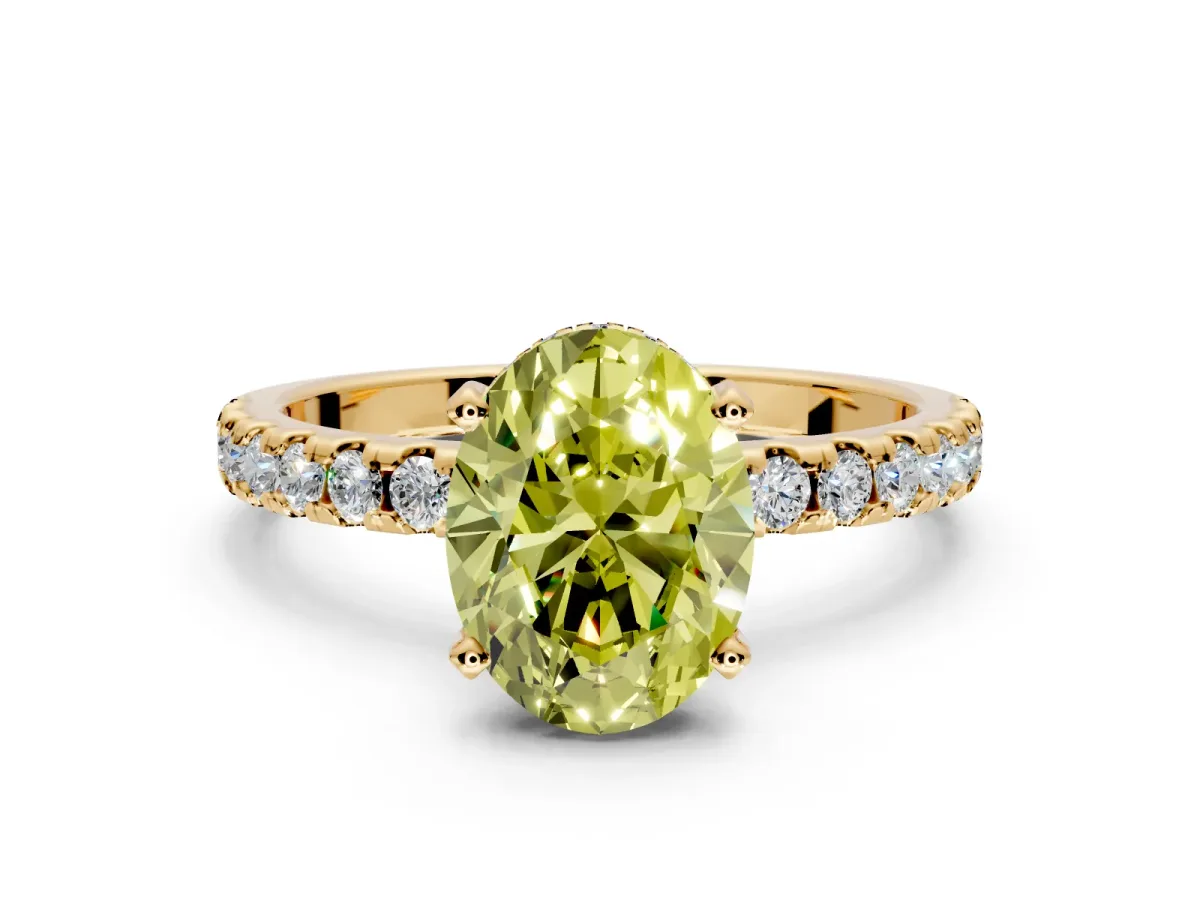 Solitaire Engagement Ring Setting for Fancy Yellow Oval Center with Band of Accents and Prong Head in Yellow Gold