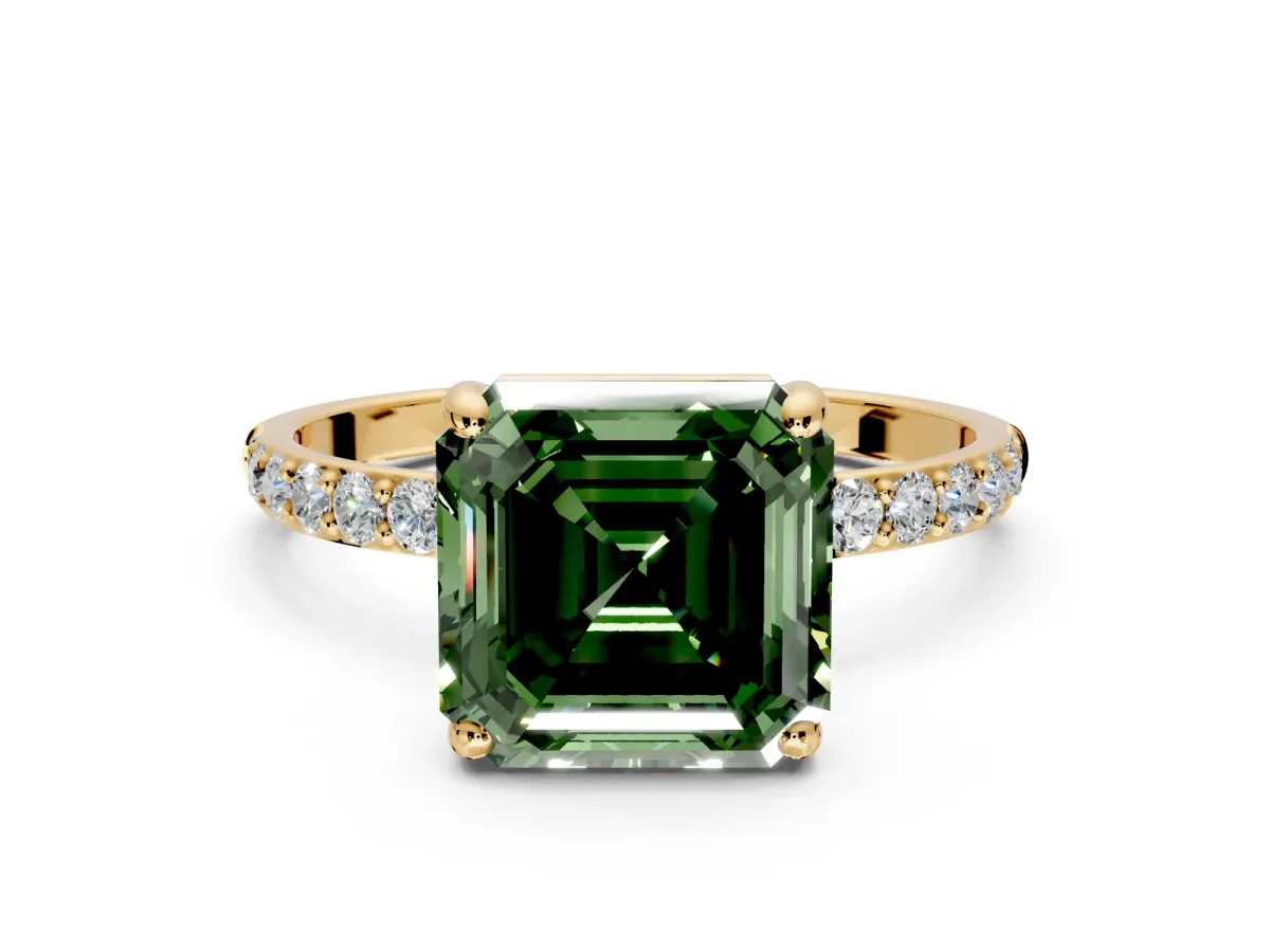 Solitaire Engagement Ring Setting for Fancy Green Asscher Cut Center with Pave Accents and Prong Head in Yellow Gold