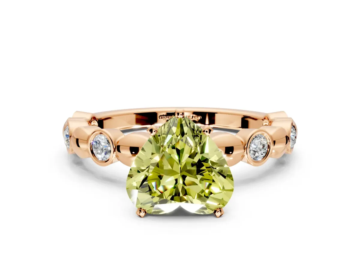 Solitaire Engagement Ring Setting for Fancy Yellow Heart-Shaped Center with Beaded Bezel Station Band and Prong Head in Rose Gold