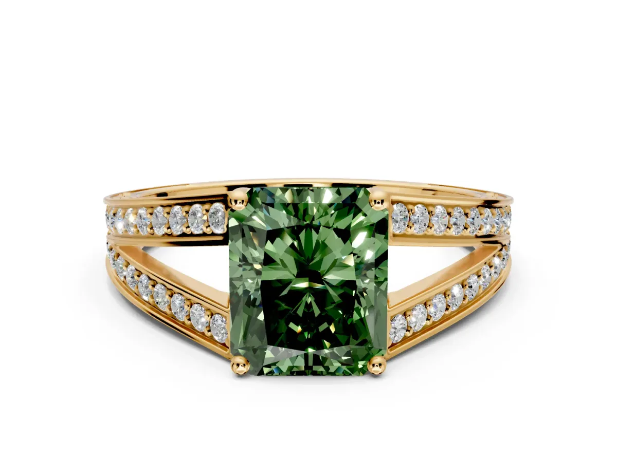 Split Shank Engagement Ring Setting for Fancy Green Radiant Cut Center with Pave Split Shank and Prong Head in Yellow Gold