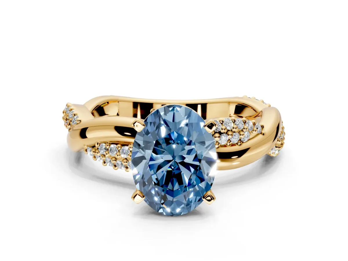 Solitaire Engagement Ring Setting for Fancy Blue Oval Center with Pave and Plain Crossover and Basket Head in Yellow Gold